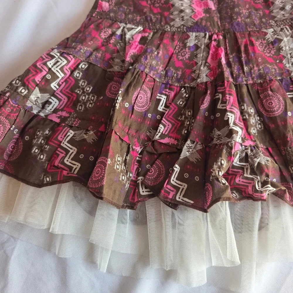 Eyeshadow Girl Brown Pink Boho Tiered Skort Y2K Fairycore Tulle Trim Size L 14‎